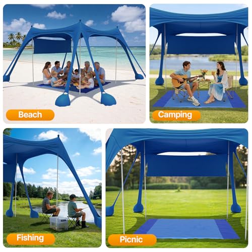 HOPERAN Beach Tent Sun Shelter, UPF50+ UV Protection, 10x10FT Pop Up Shade Beach Canopy Windproof for Outdoor Camping, Fishing, Picnics with 8 Sandbags, 1 Beach Mat, 1 Sideshade, 4 Stability Poles - color: 10x10 FT Navy Blue