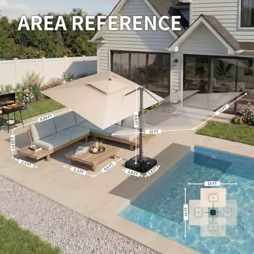 10 X 13 FT Cantilever Patio Umbrella with LED Lights Outdoor Heavy Duty Double Top Windproof Rectangle Offset Umbrellas with 360-degree Rotation for Pool Deck Backyard, Beige - color: Beige, size: 10' X13'-Weighted Base Not Included