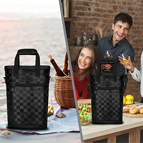opux Two Bottle Wine Bag Carrier Tote, Insulated Leakproof 2 Bottle Wine Cooler Bag for Travel BYOB Picnic, Portable Wine Case, Gift for Men Women Wine Lover Birthday Party Christmas, Checker Black - color: Black Square