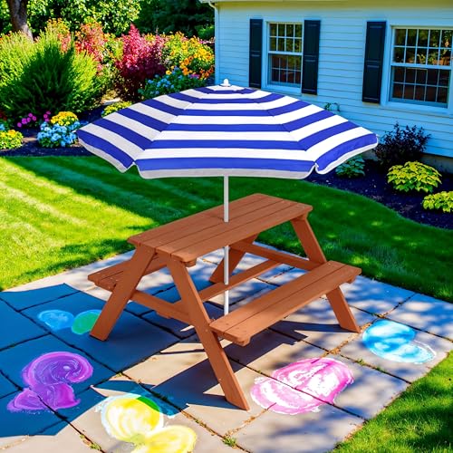 Best Choice Products Wooden Kids Picnic Table with Umbrella, Outdoor Activity Table Set with Built-in Benches, 220 lb Capacity per Bench - Golden Brown/Navy - color: Golden Brown/Navy