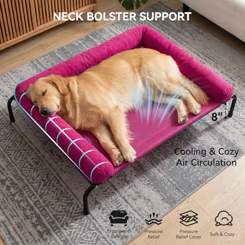 Cooling Elevated Dog Bed for Large Dogs, Outdoor Raised Dog Beds Portable Dogs Cot Bed W/Breathable Mesh, Pet Cots W/Removable Waterproof Bolster - color: Rose Pink, size: 43.0"L x 31.0"W x 8.0"Th