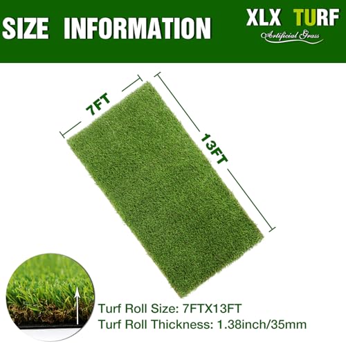XLX TURF Thick Realistic Artificial Grass Rug- 7 FT X 13 FT, Pet Safe Fake Grass Turf Carpet for Landscape Outdoor Indoor Use, 1.38" Pile Height, 4 Tones Green - size: 7' x 13'