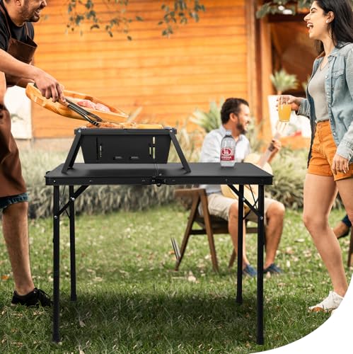 E EASTSTORM 35 inch Folding Table for 4 Person, Heavy-Duty Metal Tabletop, 2 Adjustable Height Camping Table, Portable Outdoor Table with Carrying Handle,for Patio, Picnic, Parties, BBQs, Black - color: Black-35inch