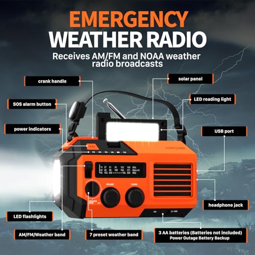 FosPower NOAA Emergency Weather Radio A6 19240mWh Portable Power Bank, AM/FM, USB/Solar/Hand Crank Charging, Battery Operated, SOS Alarm & Flashlight for Indoor/Outdoor Emergency - Orange - color: 07 - Model A6 - Orange