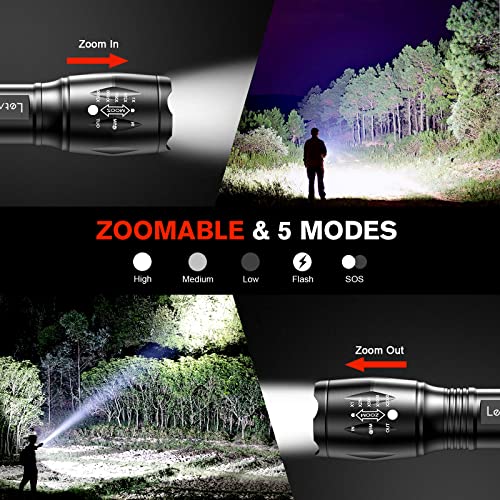 LETMY LED Tactical Flashlight S2000 [4 Pack] - High Lumens, Zoomable, 5 Modes, Waterproof Handheld LED Flashlight - Best Camping, Outdoor, Emergency, Everyday Flashlights - color: Black, size: 4 PACK