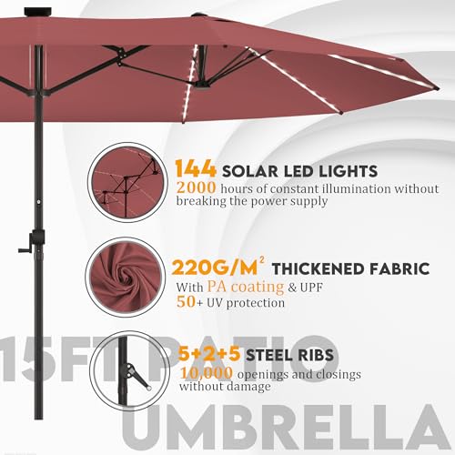 GDPFN 15ft Large Patio Umbrella with Solar Lights, Outdoor Double-Side Rectangular Umbrella, Backyard Pool Umbrella with LED Light for Deck, Outside, Market, Burgundy (Base Not Include) - color: Burgundy, size: With Led