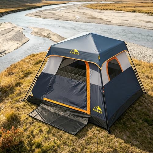3/4 Person Camping Tent with 1 Door, 4 Windows, and Upgraded Ventilation– Instant Setup, Waterproof, 8'x 8'x 67''Oxford Fabric Floor Pop Up in 60 Seconds Includes Rainfly and Backpack - color: 4 Person Slate Gray