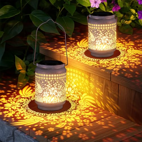 KOOPER 2 Pack Solar Lanterns Outdoor Waterproof Mothers Day Gifts for Women Mom Grandma, Metal Hummingbird Hanging Solar Lantern Outdoor, 2 Modes Outdoor Decoration for Yard, Patio, Garden, Porch - size: White, style: Hummingbird