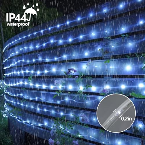 YEGUO Solar Rope Lights Outdoor Waterproof, 66ft 200 LED White String Lights, 8 Modes Fairy Lights in Clear Thin Tube - color: White