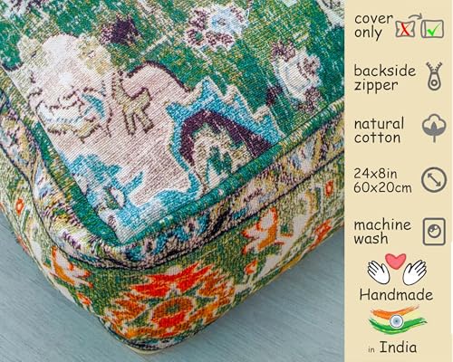 Mandala Life ART Moroccan Pouf Ottoman Cover Green Square Meditation Pillow Case Boho Room Décor Moroccan Seating Area Perfect for Living Room, Bedroom, Nursary or Children Room Cotton 24x8 Unstuffed - color: Green
