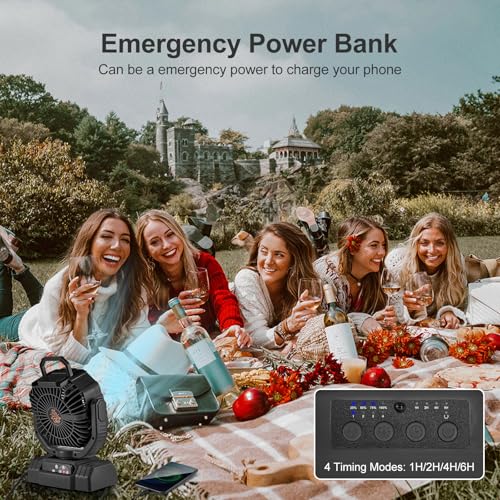 Odoland Portable Camping Fan with LED Lantern, 20000mAh Rechargeable Battery Powered Fan with Auto Oscillation, Timer, Remote, 360° Rotation Hook, 4 Speeds for Power Outage Travel Home, Black - color: Black