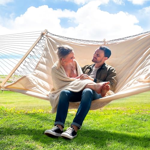 SUNCREAT 2 Person Hammock with Hardwood Spreader Bar, Outdoor Rope Hammock with Polyester Pad, 475 lbs Capacity, Beige - color: White