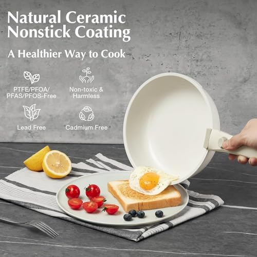 White Non-Stick Ceramic Cookware Set, 5-Piece Pots and Pans Set with Detachable Handles, Perfect for Everyday Cooking, RV Camping, and Compact Kitchens, Induction Compatible, PFOA & PTFE Free - color: Beige White
