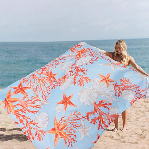 Beach Blanket Waterproof Sandproof, 9 Ft X 10 Ft Extra Large Sand Free Beach Mat, Big Compact Lightweight Quick Drying Picnic Blanket with 4 Stakes & Pockets for Camping, Travel, Hiking - color: Red Starfish, size: 9x10 FT (1～8 person)