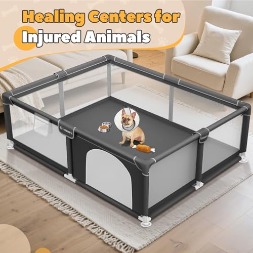 71x59x26 Inches Puppy Playpen with Gate, Dog Playpen for Puppies or Small Dogs, Sturdy Safety Dog Fence Pet Playpen with Thickened Fabric, High-Strength Nylon Wire Mesh for Indoor & Outdoor,Washable - color: Grey-Extra Large