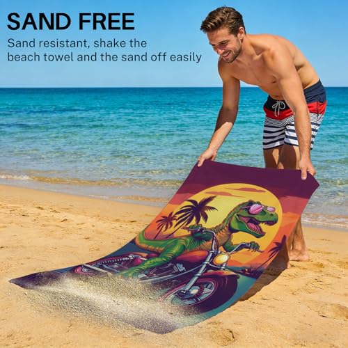 Dinosaur Beach Towel, Funny Green Dinosaur Riding A Motorcycle Towel for Boys Kids Adults, Microfiber Dino Motocross Palm Tree Sunset Swim/Pool/Travel Towels, Quick Dry Oversized 32x52 - color: Dinosaur