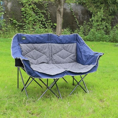 Northroad Folding Loveseat Camping Chair Portable Double Duo Full Padded Garden Chair for 2 Person Sofa w/2 Cup Holder,Wine Glass Holder,Support 600lbs for Picnic Beach Travel (Blue) - color: Blue