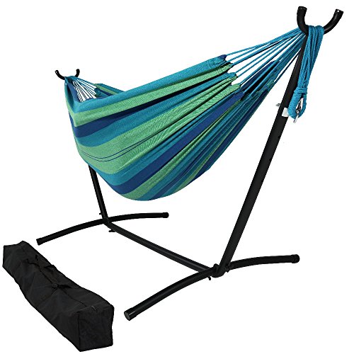 Sunnydaze Double Brazilian Hammock with Stand and Carrying Case - 400-Pound Capacity - Black Stand - Beach Oasis - color: Beach Oasis