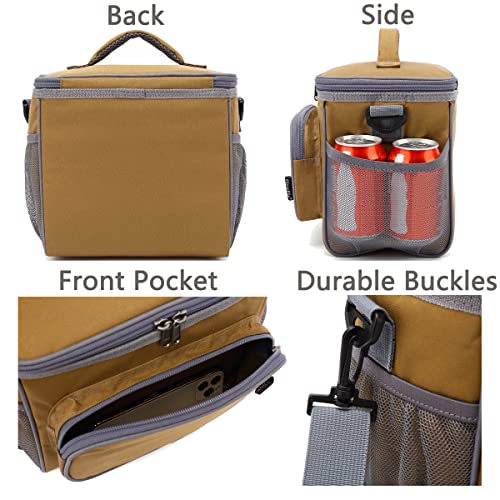 FlowFly Insulated Reusable Lunch Bag Adult Large Lunch Box for Women and Men with Adjustable Shoulder Strap,Front Zipper Pocket and Dual Large Mesh Side Pockets,Brown - color: Brown