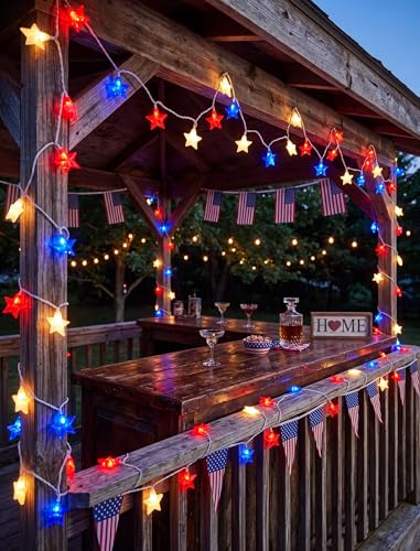 8.5Ft Patriotic Red White Blue Star String Lights, 10 LED Plug in Connectable Fairy Lights for 4th of July Independence Day, Outdoor Waterproof Star Lights for Patio Garden Bedroom Holiday Party Decor - color: 10LED Star Lights