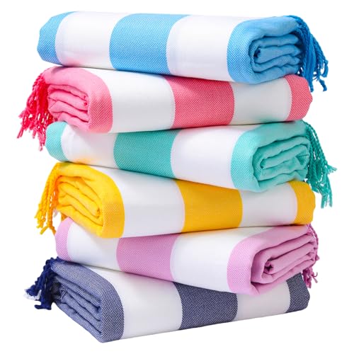 Genovega 6 Oversized Turkish Beach Bath Towel Set Bulk 74"x38" Extra Large Sand Free Quick Dry Swimming Camping Pool Clearance Towels Blanket Essentials Adult Multi Stripes Yellow - color: Multi Yellow Set