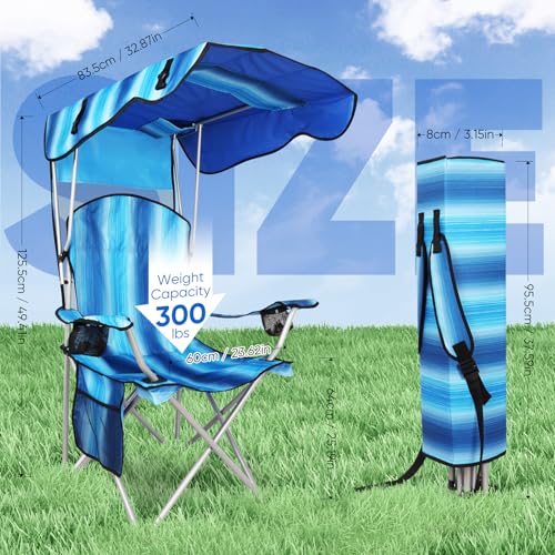 VTOY Portable Camping Chair with Canopy - Folding Chair with Canopy, Durable 600D Oxford Canopy Chair for Camping, Beach, Picnics, Fishing & Sports - color: 1pack Stripe Blue