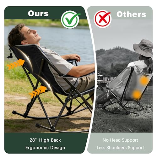 SUNNYFEEL Oversized Folding Rocking Camping Chair with Buckle Design Outdoor Rocker High Back Lawn Camp Rocker Chair with Cup Holder Heavy Duty 500 LBS for Outdoor/Camping/Lounge/Patio with Carry Bag - color: Black, size: 1 Pc