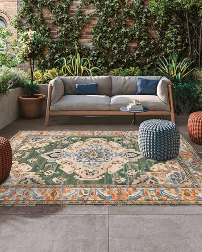 6x9 Large Area Rug Green Orange Flowers Waterproof Outdoor Patio Rug for Camping RV, Boho Ethnic Style Indoor Outdoor Carpet,Washable Outdoor Mat for Porch/Deck/Backyard/Balcony/Living Room - size: 6' x 9' (Rectangular)