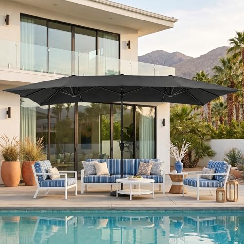 15×15ft Outdoor Patio Umbrella, Double Sided Market Rectangle Umbrella with Crank Handle, Large Sun Shade for Outside Deck, Backyard, Garden - color: Gray