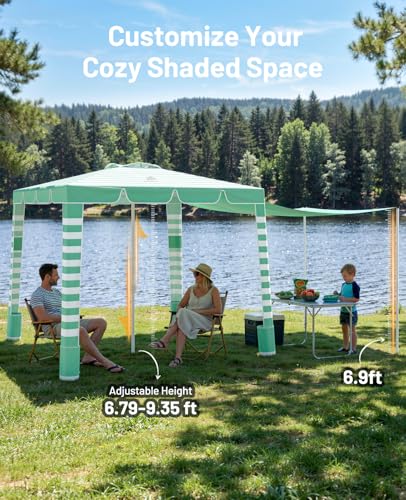 Rhino Valley Beach Cabana, 120 Sq. Ft Beach Canopy UPF50+ Protection, Easy Setup & Adjustable Height Beach Tent Sun Shelter with Cup Holder, Portable for 4-8 People, Light Green & White Stripes - color: Light Green & White Stripes