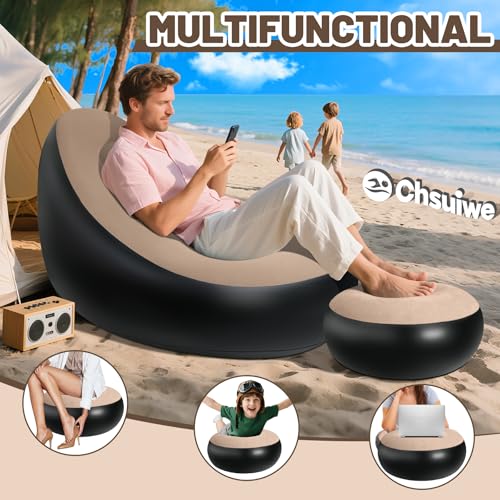 Inflatable Chair for Adults,Portable Inflatables Chairs with Ottoman,Flocked Surface inflatables Couch,Waterproof Blow Up chair,Comfortable inflatable Couch for Camping,Gaming(Without Pump)1PK