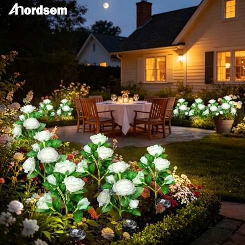 Anordsem Solar Garden Lights Outdoor: 10 Waterproof Fabric Roses 2 Pack - White LED Flower Decorations for Yard Patio Path Cemetery Grave - Mother 's Day Gift for Her Women Mom Wife - color: White, size: 2 Pack (LED luminous white)