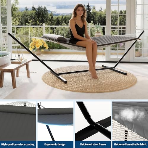 Garvee 2 Person Portable Double Hammock for Outdoor with Pillow, Heavy Duty Portable Hammock with Adjustable Steel Stand for Patio, Garden, Beach, Backyard - color: Dark Gray, size: T-shaped Bracket