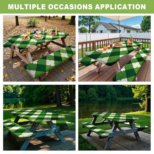 ANNA QUEEN St. Patrick’s Day 6FT Picnic Table Cover with Bench Covers Set of 3 with Drawstring Bag, Green Plaid Clover 72"x30" Waterproof Picnic Tablecloth & Bench Covers - color: #63