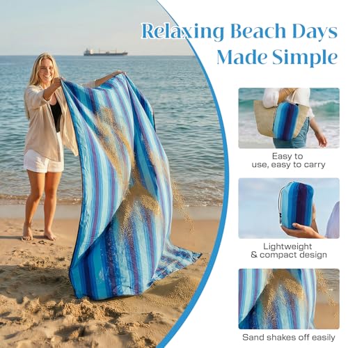OIGAE Oversized Beach Blanket, 9×10 ft Sand-Free Outdoor Mat for Groups, Quick-Dry Picnic Blanket with Stakes & Corner Pockets, Blue Stripe - color: Blue Stripe, size: 9x10 Ft (2～8 person)