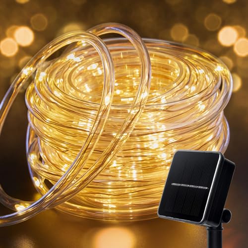 Solar Rope String Lights Outdoor 72Ft 200 Led Waterproof Solar Powered Fairy Lights with 8 Lighting Modes, Copper Wire PVC Tube Lights for Garden Wedding Christmas Party DIY Decor(Warm White, 1 Pack) - color: Warm White, size: 200 LED