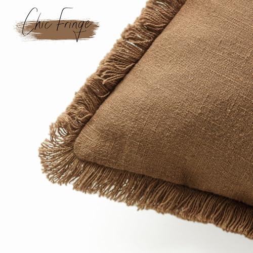 Foindtower Decorative Linen Fringe Throw Pillow Covers Cozy Boho Farmhouse Cushion Cover with Tassels Soft Accent Pillowcase for Chair Sofa Bed Living Room Home Decor, 16×16 Inch, 1PC,Orange Brown - color: Hazel, size: 16" x 16" (Pack of 1)