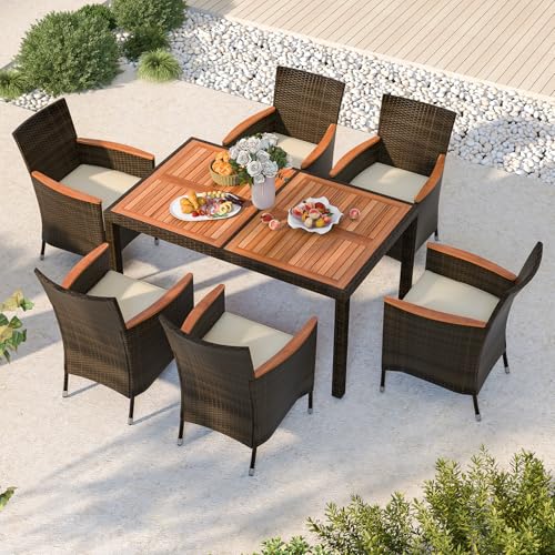 HAPPYGRILL 7 Pieces Rattan Wicker Patio Dining Set, Outdoor Dining Set with Cushions, Large Dining Table with Acacia Wood Top, Outside Dining Furniture Set with Umbrella Hole - color: Mix Brown & Beige