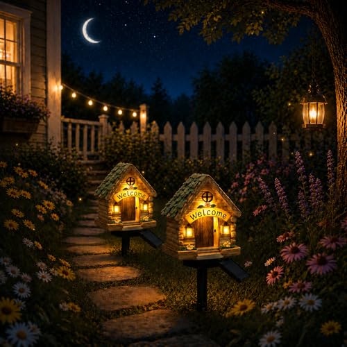 Solar Fairy House Lights Outdoor, 2 Pack Waterproof Decorative Garden Pathway Lights, Hand-Painted Resin Cottage Garden Decor for Yard Lawn Patio, Unique Gift for Women Garden Lovers - style: Modern