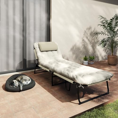 Outsunny Folding Chaise Lounge with 4-Level Reclining Back, Outdoor Tanning Chair with Cushion, Outdoor Lounge Chair with Breathable Mesh Fabric, Side Pocket, Headrest, Beige - color: Beige