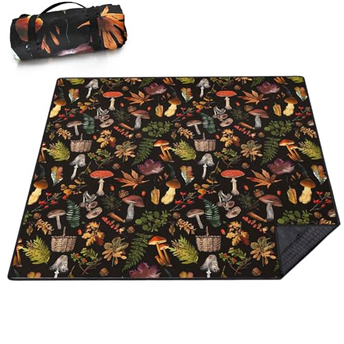Picnic Blankets Waterproof Extra Large, 80"x 80" Outdoor Beach Blanket Sandproof Oversized Foldable Lightweight Portable 3-Layer Camping Mat for Parks,Hiking,Travel,Music Festival(Mushroom) - color: Black Mushroom, size: 6'8" x 6'8" (Square)