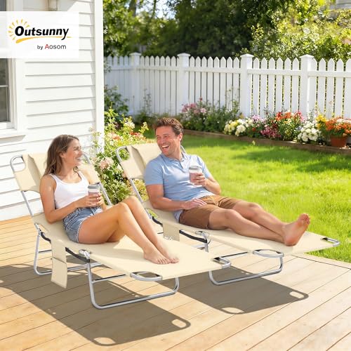 Outsunny Chaise Lounge Chair Outdoor Set of 2 with Face Arm Hole, 5-Position Reclining Face Down Tanning Chair with Carry Strap, Side Pocket, Portable Folding Bed Cot for Patio Beach Pool, Beige - color: Beige, size: 2 Pieces