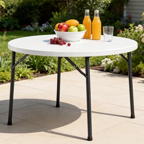 48" Folding Round Table, Heavy Duty Plastic Commercial Dinner Table with Foldable Steel Legs, Portable Banquet Table for Wedding, Party, Events, Indoor, Outdoor, White - color: White, size: 48"