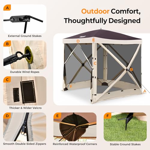 Tecoom 4-Sided Pop Up Gazebo Tent, Instant Screen House with Mosquito Netting Canopy for Camping, Waterproof & Removable Siedwalls, 6x6ft Portable Sun Shelterl for Outdoor, Garden, Backyard - size: 6.1x6.1ft