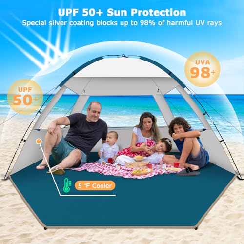 COMMOUDS Beach Tent Sun Shade for 3/4/6/8 Person, UPF 50+ Beach Sun Shelter Canopy Tent, Lightweight, Easy Set Up and Carry - color: Silver, size: 4 Person