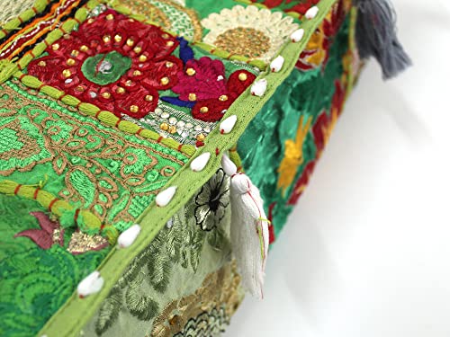 Mam Treasures Indian Bohemian Decorative Pillow Vintage Cushion Cover Patchwork Square Floor Pillow Cover Meditation Cushion Large Floor Pillow Indian Cushion (Light Green, 18 X 18 X 5 Inch) - color: Light Green, size: 18" x 18" (Pack of 1)
