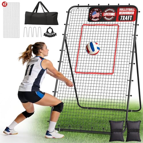Suteck 7x4ft Volleyball Rebounder Net 2-Net System, 5-Angle Adjustable & Ultra-Durable Trainer for Spike, Serve, Passing & Solo Practice, Includes Storage Bag for Easy Travel & Portability - color: Black