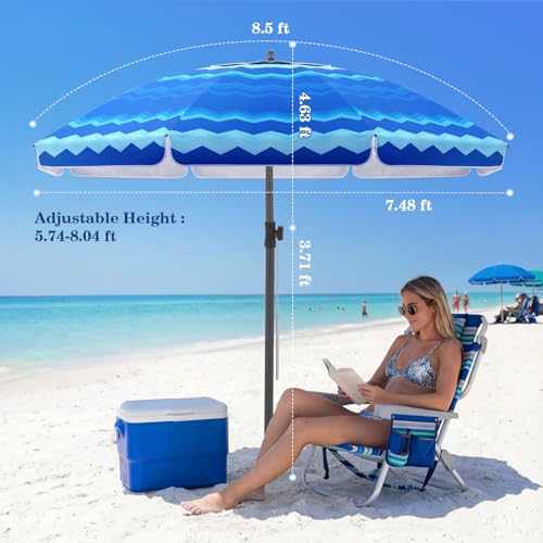 UIRWAY Beach Umbrella, Heavy Duty Windproof Beach Umbrellas with Sand Anchor & Tilt, Sun Protection Portable Beach Umbrella with Carrying Bag for Beach, Patio Garden Pool Outdoor - color: Ocean Wave Blue, size: 7.5FT