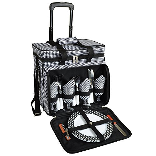 Picnic at Ascot Original Insulated Picnic Cooler with Service for 4 on Wheels-Designed & Assembled in the USA - color: Houndstooth