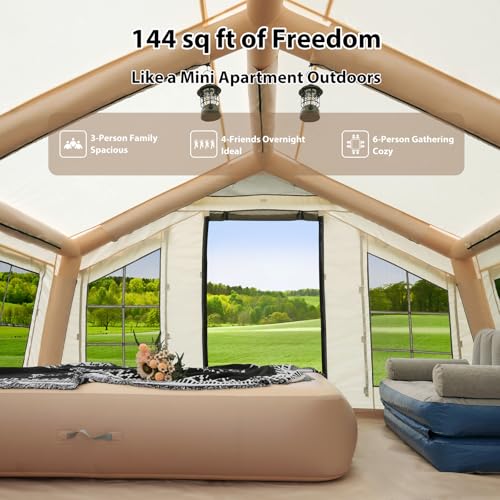 KNUO Inflatable Camping Tent, Large Blow-Up Air Tent, No Assembly Needed Luxury Glamping House, Oxford Fabric - color: Light Beige-Dual-layer Doors, size: 12x12ft